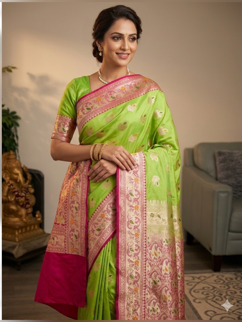 Vibrant Lime Green and Deep Pink Silk Saree with Gold Zari